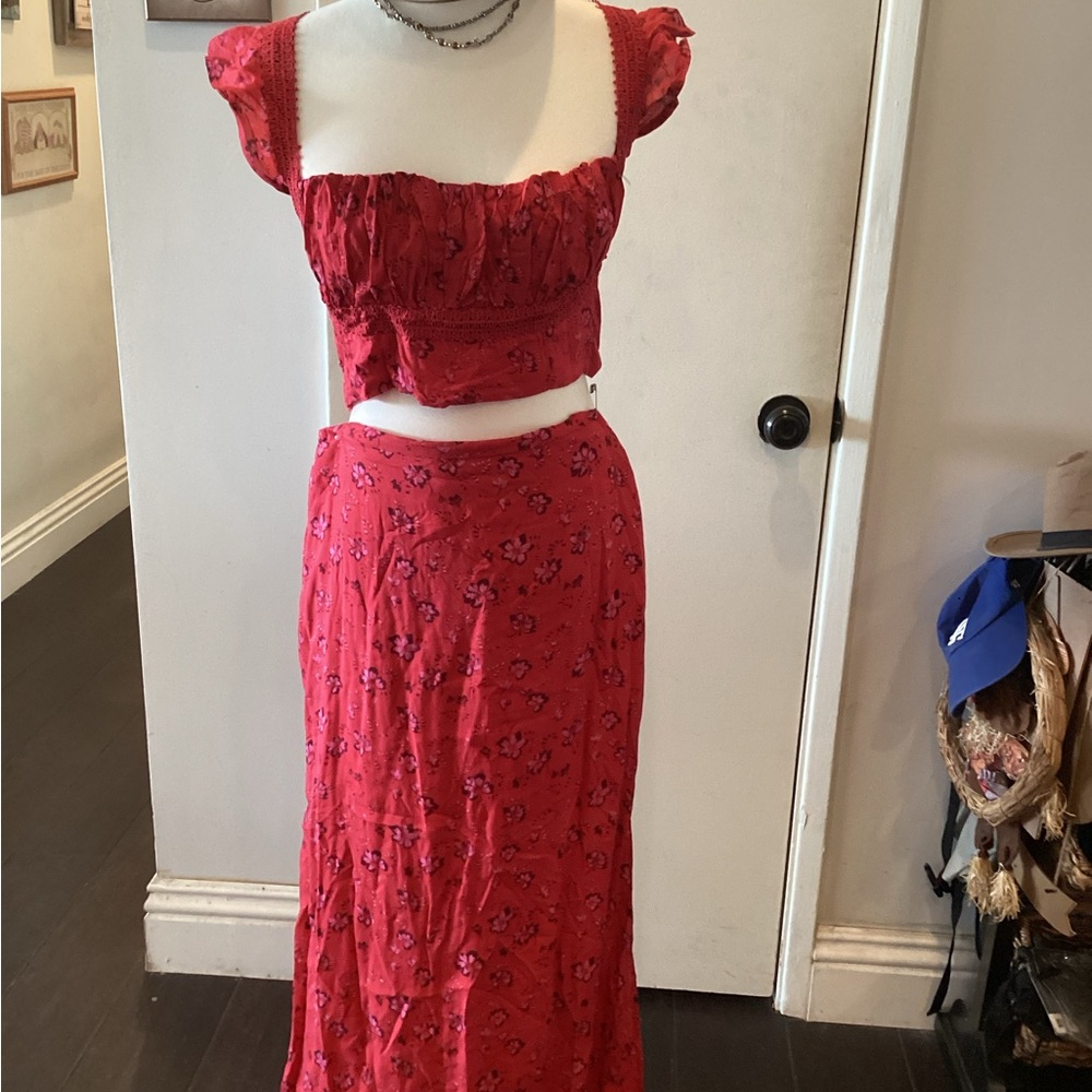 Free People 2PC Red Floral Maxi Skirt and top